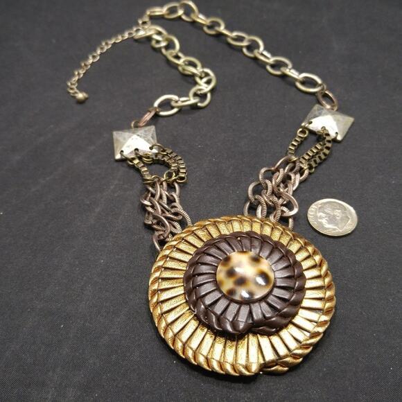 Boho Mixed Metal Colored Pendant Necklace,  Leather Woven Pendant, 22 Inches - Picture 5 of 8